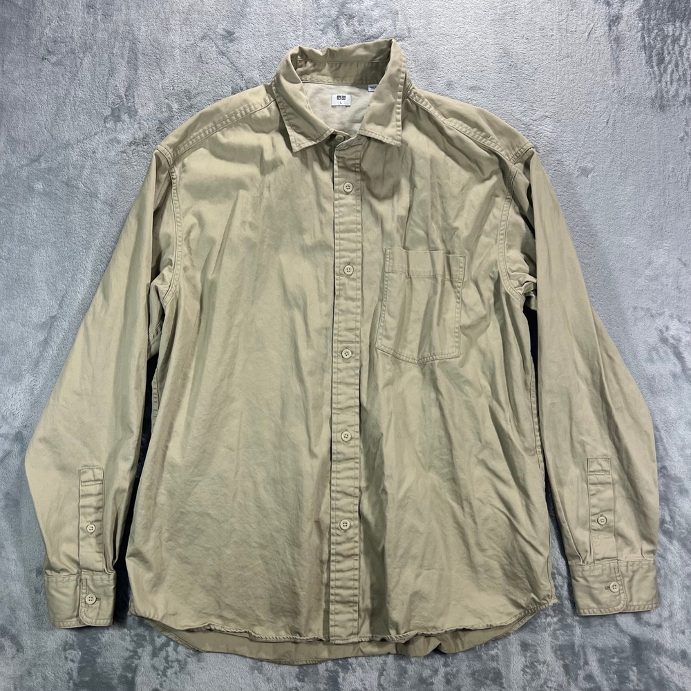 UNIQLO Twill Overshirt Unisex Large Khaki Tan 100 Cotton Button Down Basic Layer